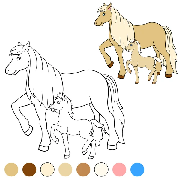Раскрашивание страницы. Цвет меня: лошадь. Мать-лошадь с жеребцом . — стоковый вектор