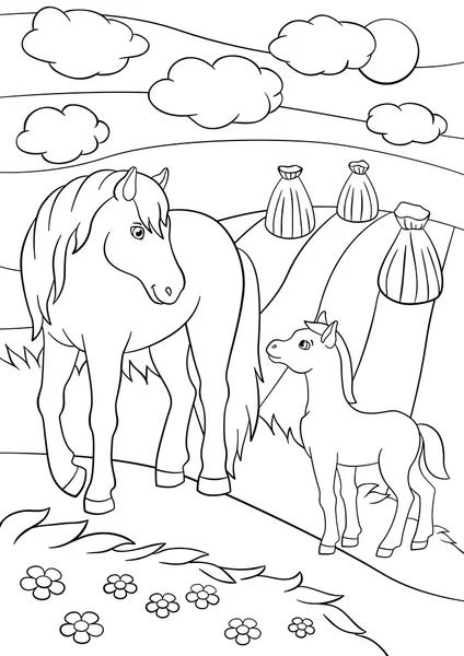 Coloring pages. Farm animals. Mother horse with foal. — Stock Vector