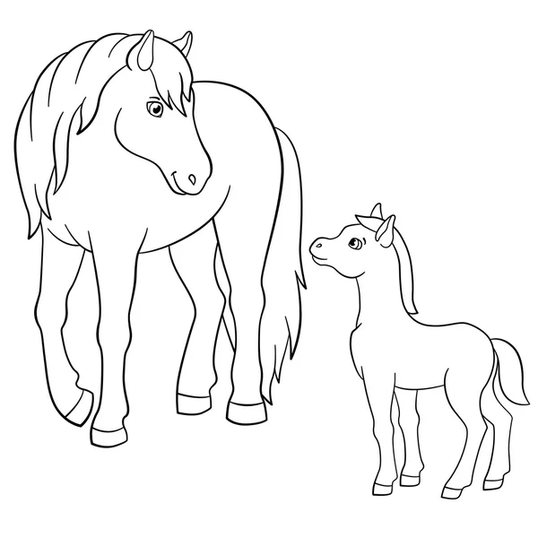 Coloring pages. Farm animals. Mother horse with foal. — Stock Vector