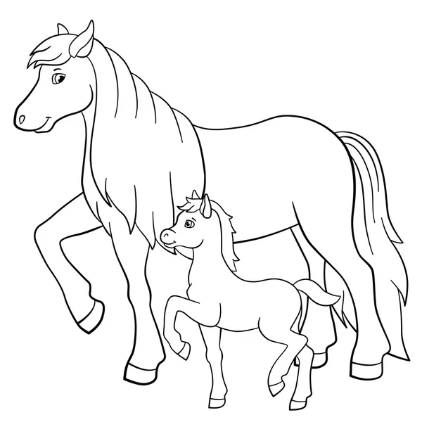 Coloriages. Animaux de ferme. Cheval mère avec poulain . — Image vectorielle