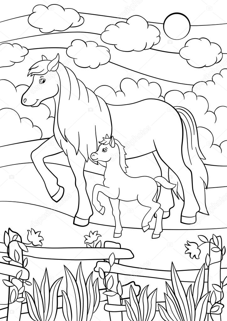 Kleurplaten. Boerderijdieren. Moeder paard met veulen — Stockvector © ya-mayka #115492006