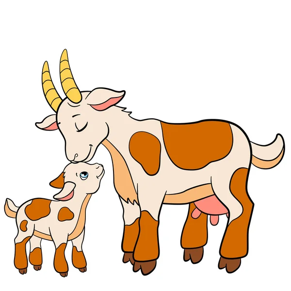 Animales de granja de dibujos animados para niños. Madre cabra con su bebé — Vector de stock