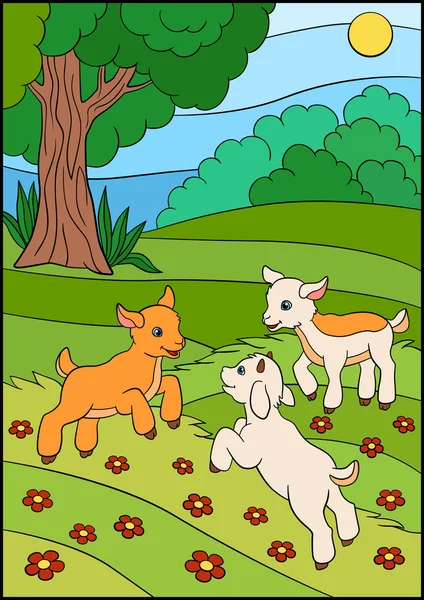 Cartoon landbouwhuisdieren voor kinderen. Drie baby geiten. — Stockvector