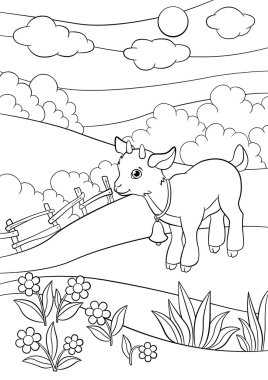 Boyama sayfaları. Çiftlik hayvanları. Küçük şirin goatling gülümsüyor.
