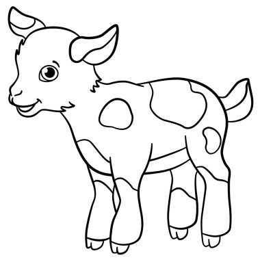 Boyama sayfaları. Çiftlik hayvanları. Küçük şirin goatling gülümsüyor.