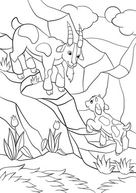 Boyama sayfaları. Çiftlik hayvanları. Onun goatling babası keçi görünüyor.