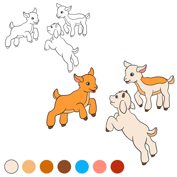 Zbarvení stránky. Barva mi: koza. Tři malé roztomilé dítě kozy. — Stockový vektor