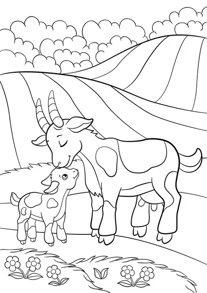 Coloriages. Animaux de ferme. Mère chèvre avec sa petite chèvre — Image vectorielle