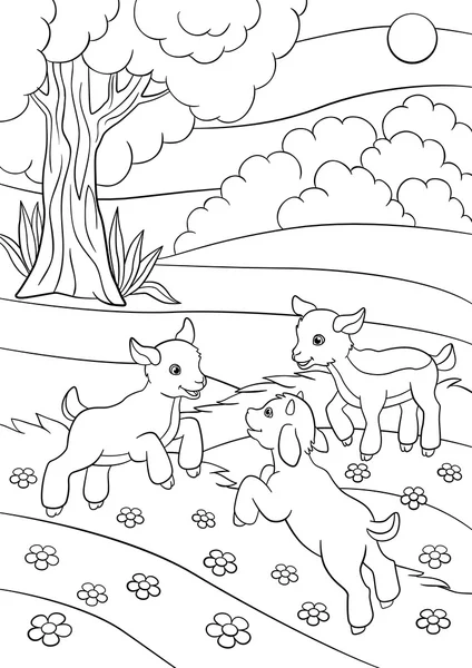 Barevné stránky. Hospodářská zvířata. Tři malé roztomilé goatlings. — Stockový vektor