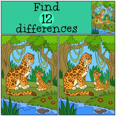 Eğitici bir oyun: bul farklılıklar. Yavrusunu ile anne jaguar.