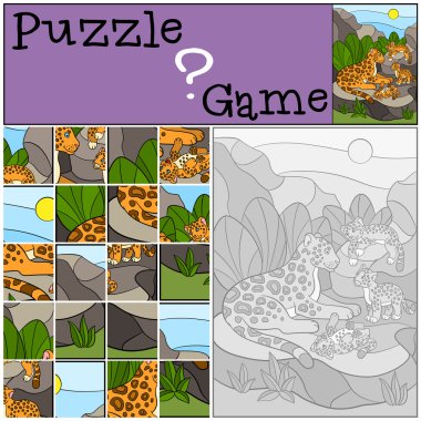 Eğitim oyunu: bulmaca. Onun küçük sevimli yavruları ile Anne jaguar.