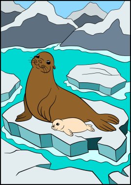 Çizgi film hayvanları. Onun sevimli beyaz ceketli bebek ile Anne kürk mühür.