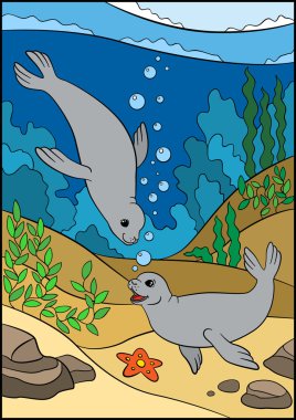 Çizgi film hayvanları. İki küçük sevimli foklar su altında yüzmek.