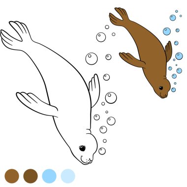 Boyama page renkler. Küçük şirin kahverengi mühür yüzüyor.