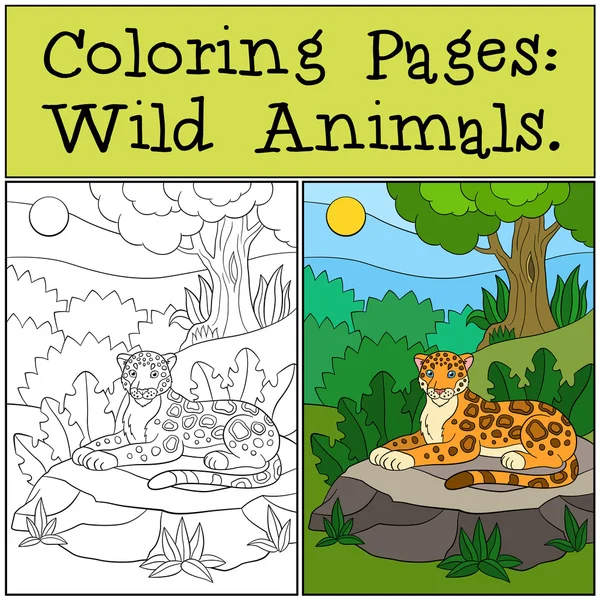 Dibujos para colorear: Animales salvajes. Pequeño jaguar lindo en el bosque . — Vector de stock