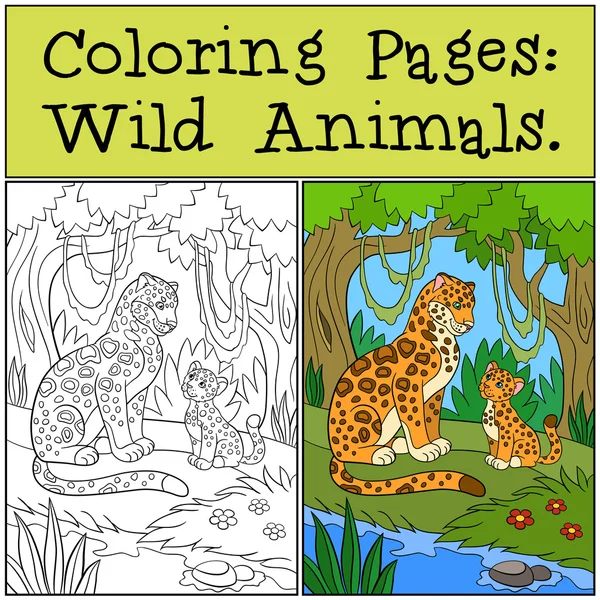 Coloring Pages: Wild Animals. Mother jaguar with her cub. — Stock Vector