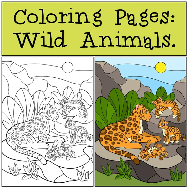 Dibujos para colorear: Animales salvajes. Madre jaguar con sus cachorros . — Vector de stock