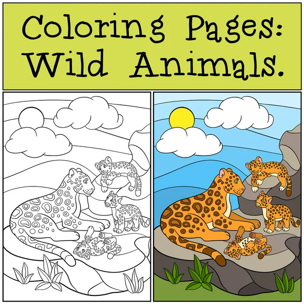 Coloring Pages: Wild Animals. Mother jaguar with her cubs. — Stock Vector