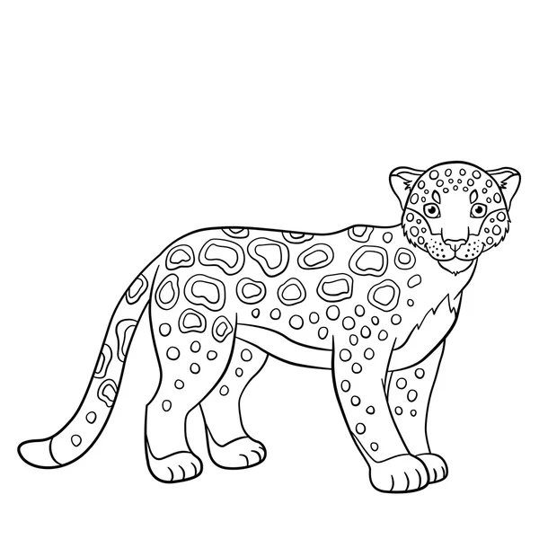 Coloring pages. Cute spotted jaguar smiles. — Stock Vector