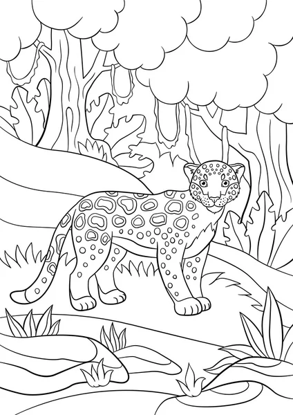 Coloring pages. Cute spotted jaguar in the forest. — Stock Vector