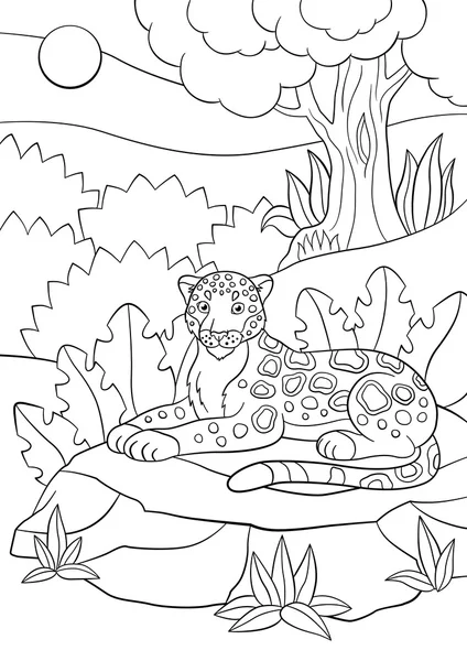 Окраска страниц. Милый пятнистый ягуар в лесу . — стоковый вектор