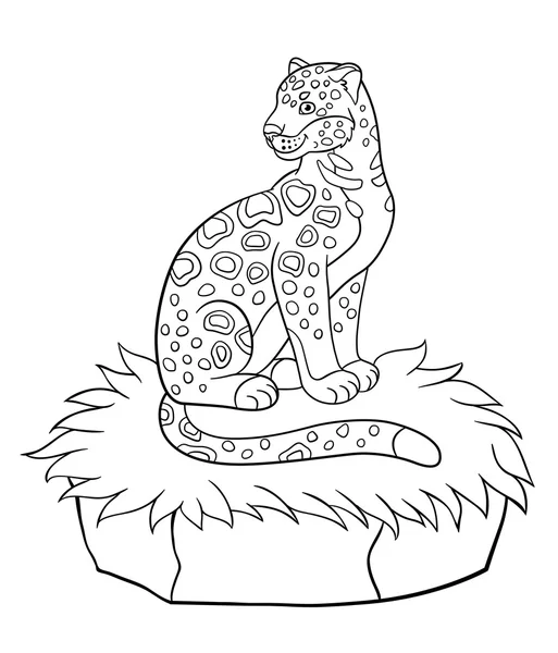 Coloring pages. Cute spotted jaguar smiles. — Stock Vector