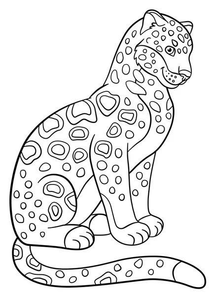 Coloring pages. Cute spotted jaguar smiles. — Stock Vector