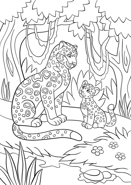 Coloring pages. Mother jaguar with her cub. — Stock Vector