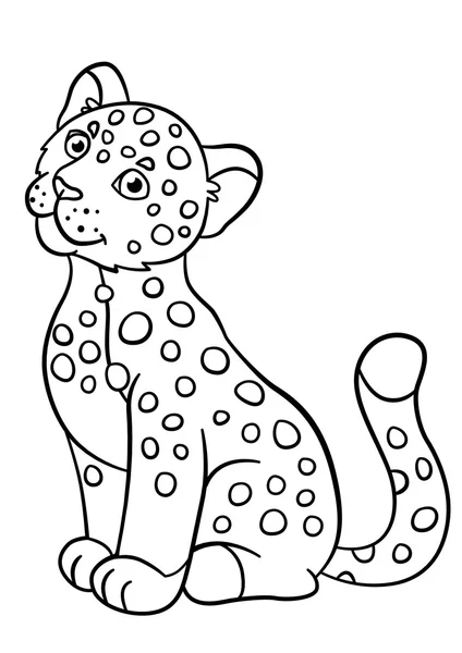 Coloring pages. Little cute baby jaguar smiles. — Stock Vector
