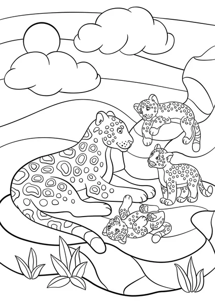 Coloring pages. Mother jaguar with her little cute cubs. — Stock Vector