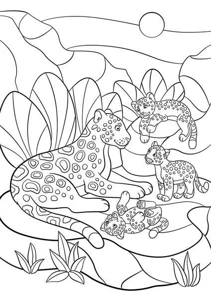 Coloring pages. Mother jaguar with her little cute cubs. — Stock Vector