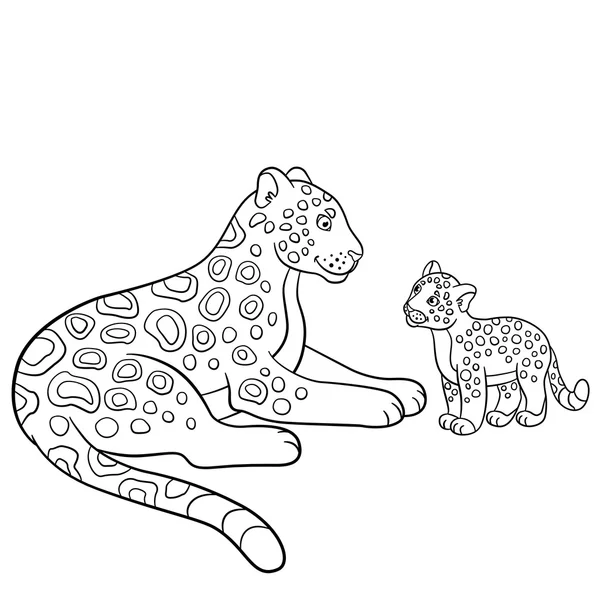 Окраска страниц. Мать-ягуар со своим маленьким детенышем . — стоковый вектор