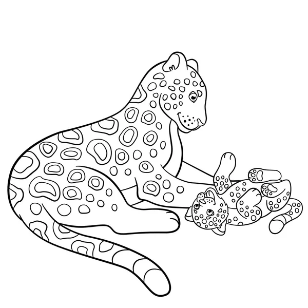 Coloring pages. Mother jaguar with her little cub. — Stock Vector