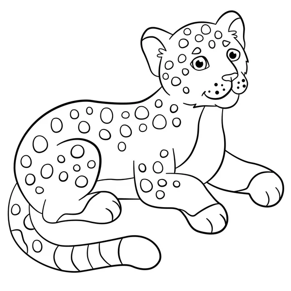 Coloring pages. Little cute baby jaguar smiles. — Stock Vector