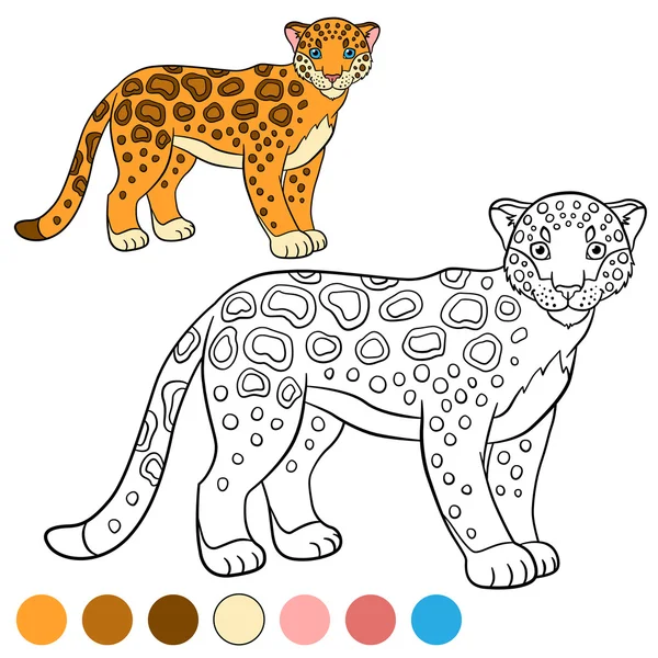 Coloring page with colors. Cute spotted jaguar smiles. — Stock Vector