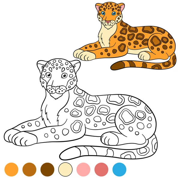 Coloring page with colors. Cute jaguar smiles. — Stock Vector