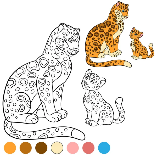 Coloring page with colors. Mother jaguar with her cute cub. — Stock Vector