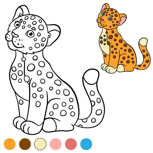 Coloring page with colors. Little cute baby jaguar. — Stock Vector