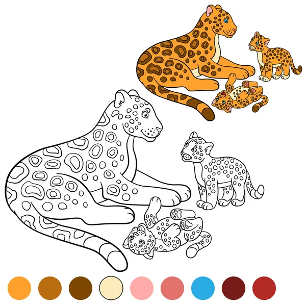 Coloring page with colors. Mother jaguar with her cubs. — Stock Vector