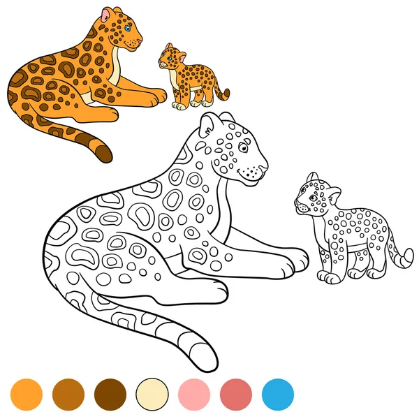 Desenho para colorir com cores. Mãe jaguar com sua cria . — Vetor de Stock