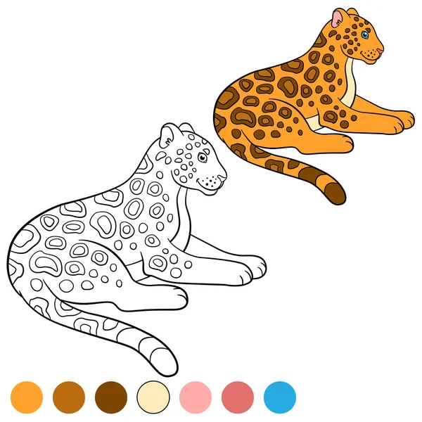 Coloring page with colors. Cute jaguar smiles. — Stock Vector