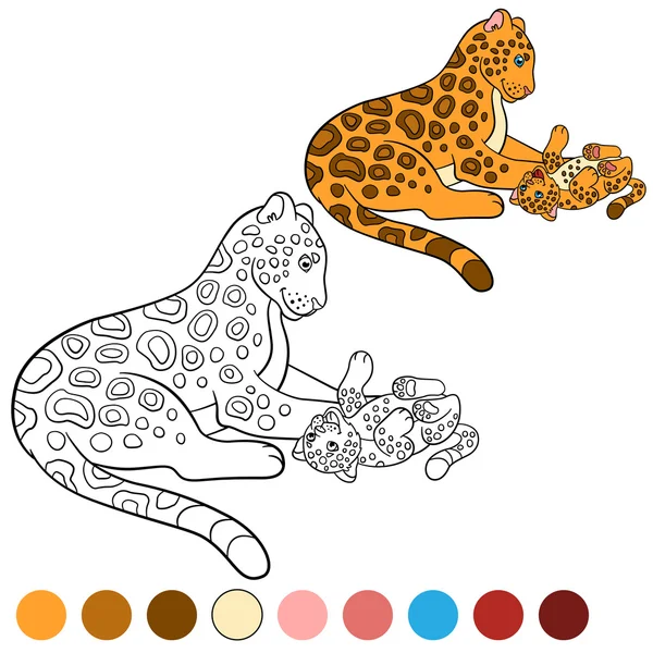 Coloring page with colors. Mother jaguar with her cub. — Stock Vector