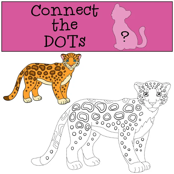 Educational game: Connect the dots. Cute spotted jaguar smiles. — Stock Vector