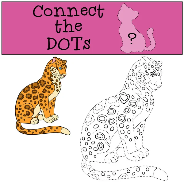 Educational game: Connect the dots. Cute spotted jaguar smiles. — Stock Vector