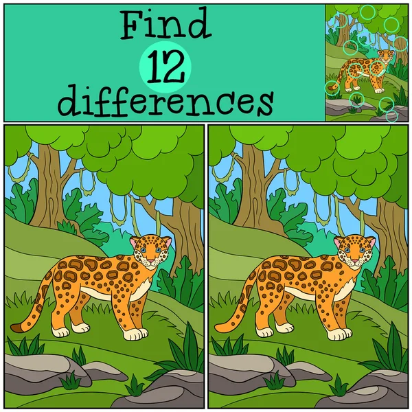 Juego educativo: Encuentra diferencias. Lindo jaguar en el bosque . — Archivo Imágenes Vectoriales