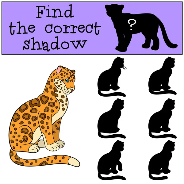 Lernspiel: Finden Sie den richtigen Schatten. Niedlicher Jaguar lächelt. — Stockvektor