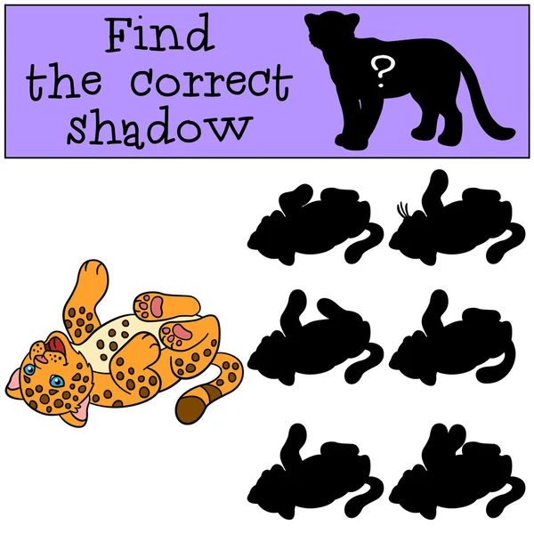 Gioco educativo: Trova l'ombra corretta. Piccolo giaguaro bambino carino — Vettoriale Stock