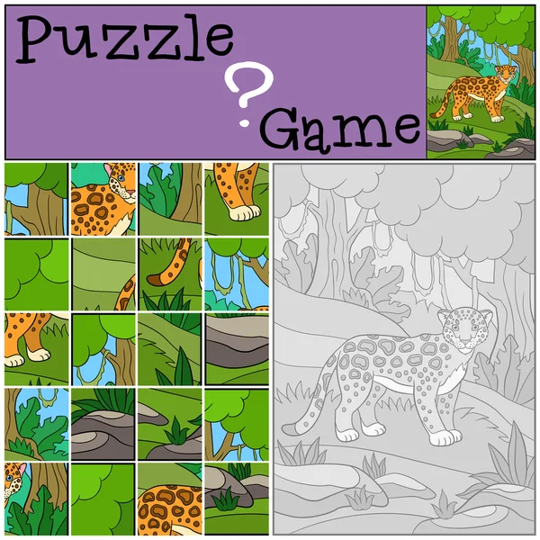 Juego de educación: Puzzle. Lindo jaguar en el bosque . — Vector de stock