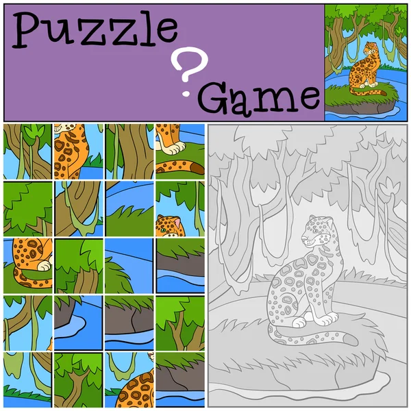 Juego de educación: Puzzle. Lindo jaguar en el bosque . — Vector de stock