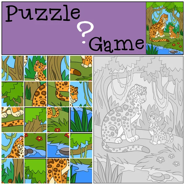 Juego de educación: Puzzle. Madre jaguar con su pequeño lindo cachorro . — Vector de stock